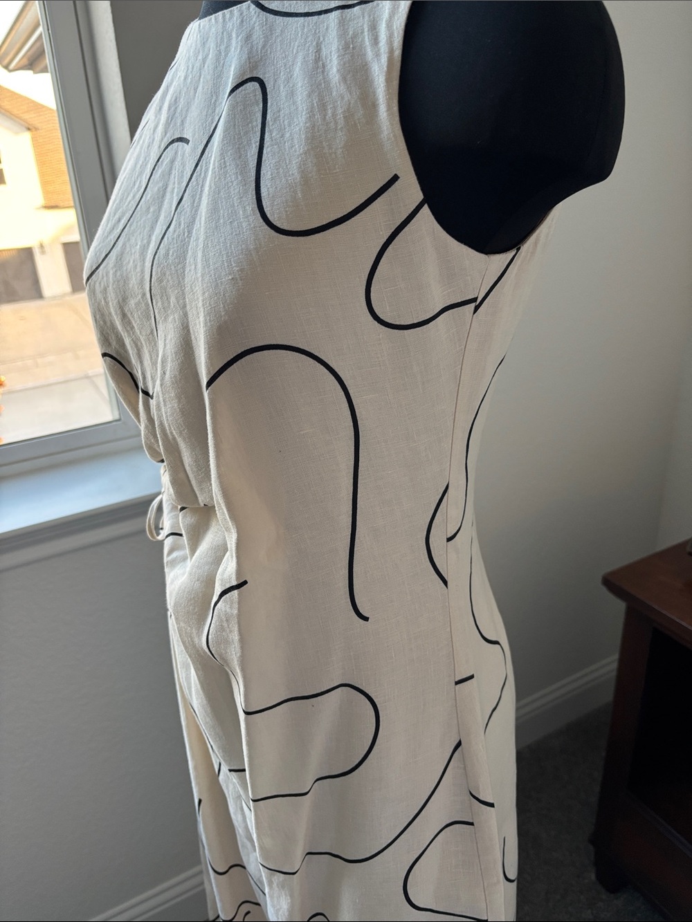 Magaschoni Cream Midi Dress with Black Abstract Print and Side Tie - Picture 6 of 8